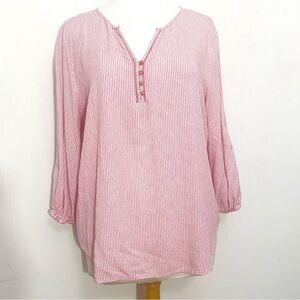 Liz Claiborne Lightweight Pink Striped Gathered Sleeve Henley Blouse Top XL